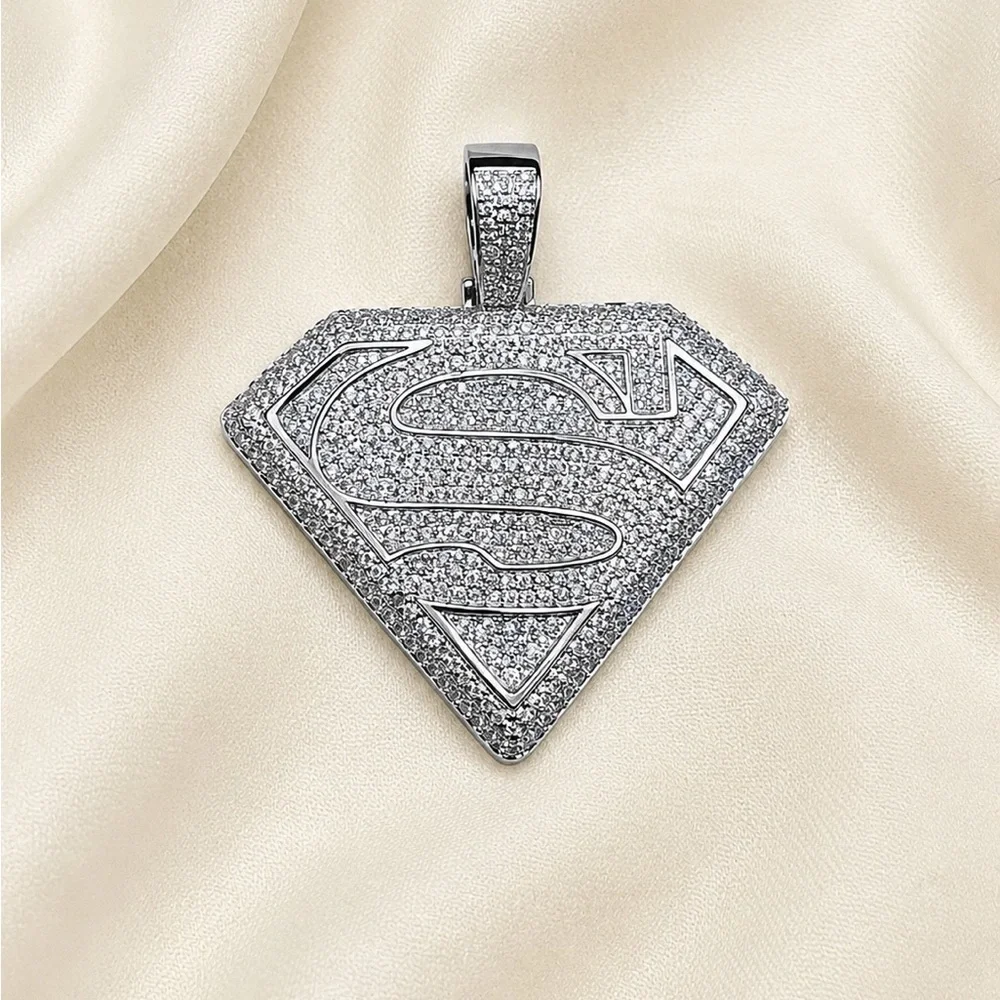 925 Sterling Silver Pave Superman Pendant 3.30CTW  MOISSANITE